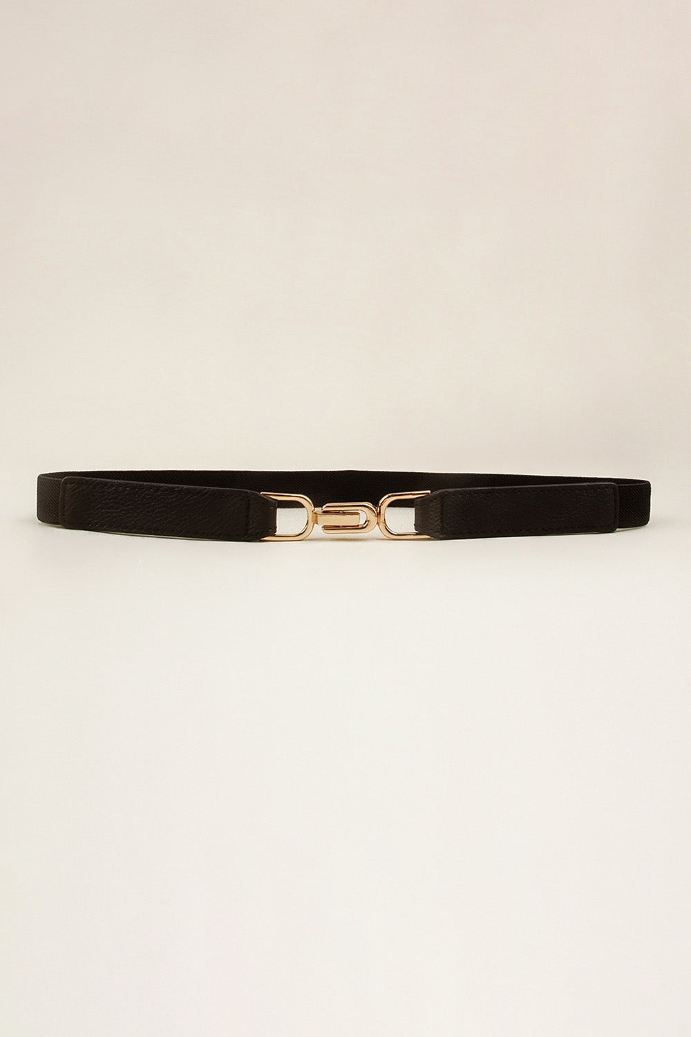Black elasticated hook-clasp waist belt with gold-tone alloy buckle.