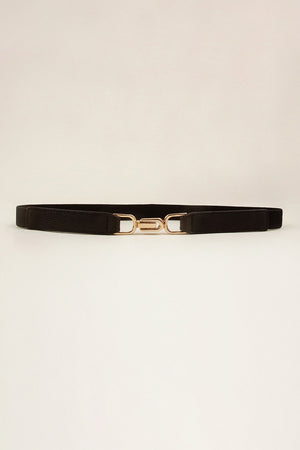 Black elasticated hook-clasp waist belt with gold-tone alloy buckle.
