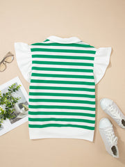 Green and white striped cotton blouse with ruffled sleeves and collar.
