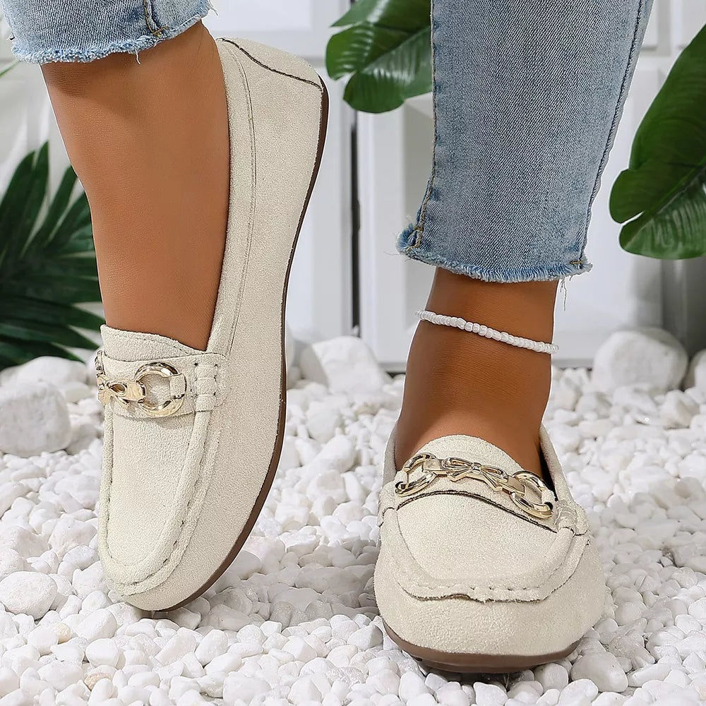 Comfortable Flat Loafers With Buckle in Dark Blue, back view