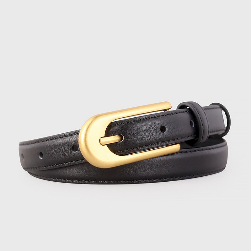 Black matte leather belt with a gold buckle and single keeper loop.