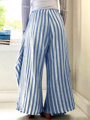 Light blue and white striped palazzo trousers with wide legs and patch pockets.