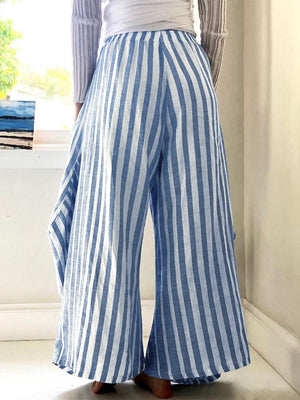 Light blue and white striped palazzo trousers with wide legs and patch pockets.