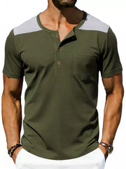 Men's army green henley t-shirt with gray shoulders and chest pocket