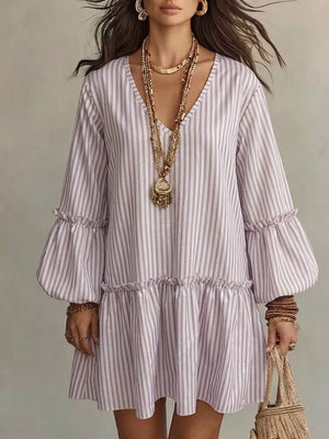 Striped Balloon Sleeve Mini Dress Plus Size in Light Green, alternate angle