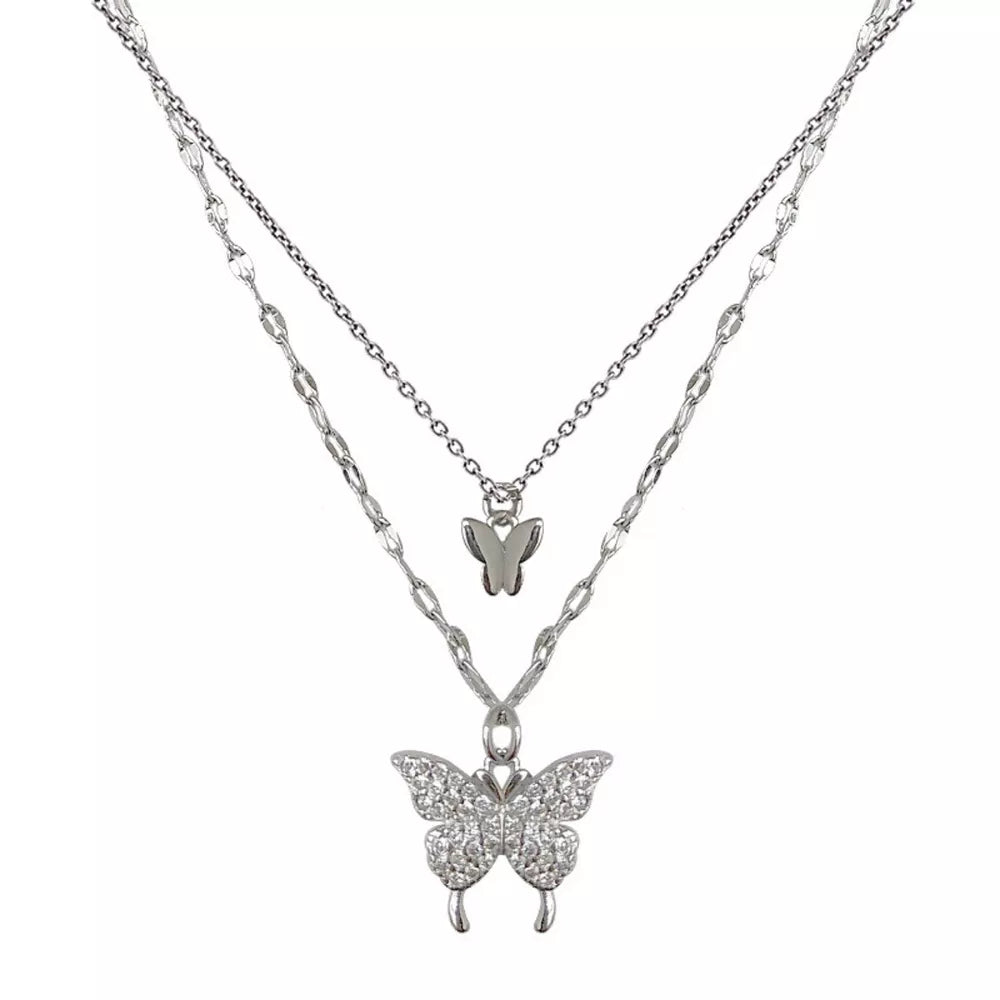 Elegant double-layer necklace with two butterfly charms, one encrusted with stones, in white gold color.