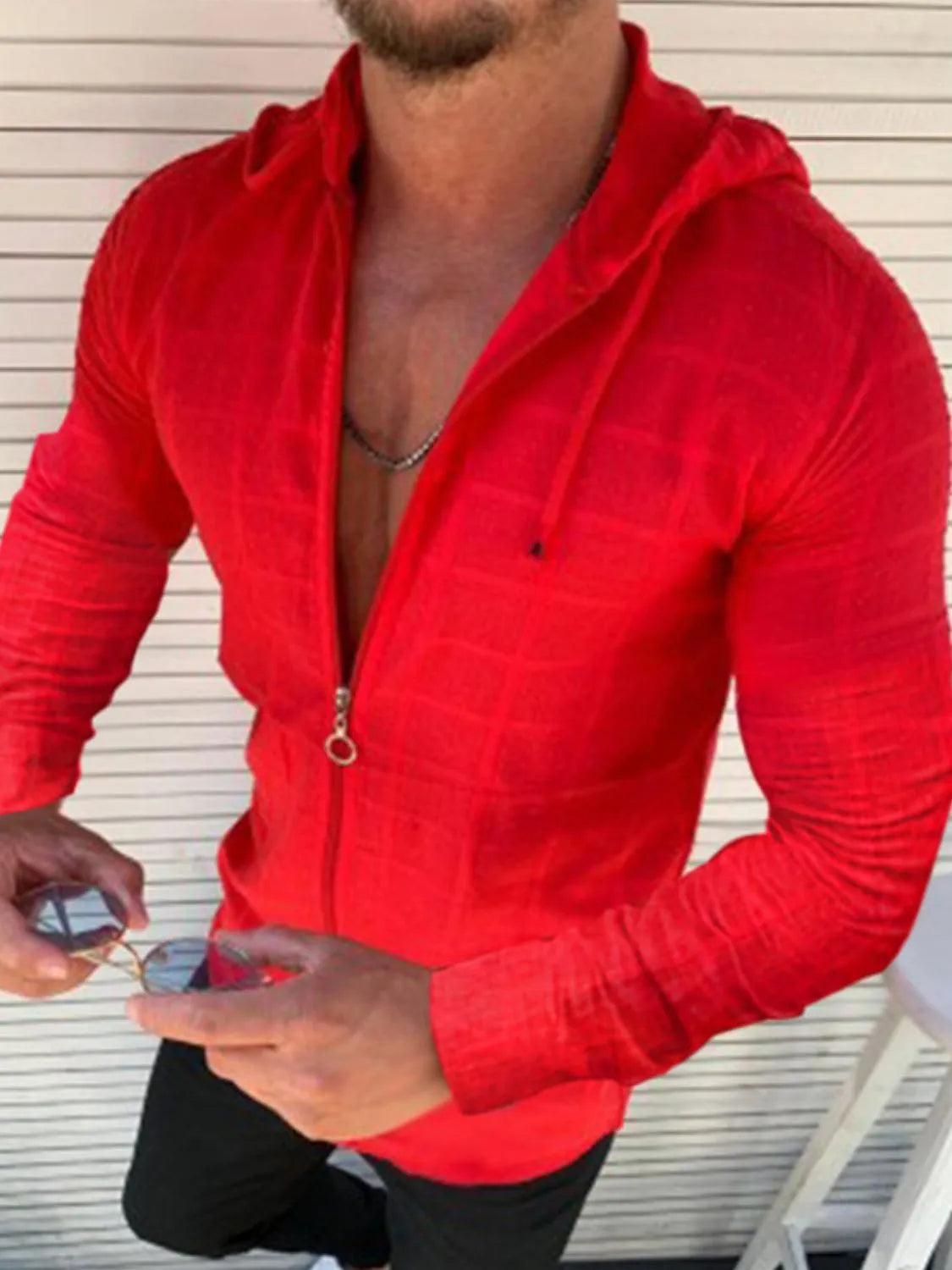 Deep Red textured grid-pattern zip-front hoodie with deep plunge neckline.
