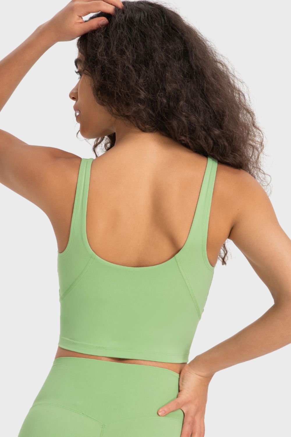 Light Green Sculpted Scoop Neck Crop Top with a racerback detail.