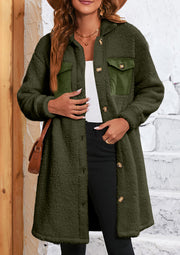 Army green sherpa coat with corduroy patch pockets and button front.