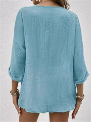 Full Size Casual V-neck Button-down Blouse in Blue, close-up detail