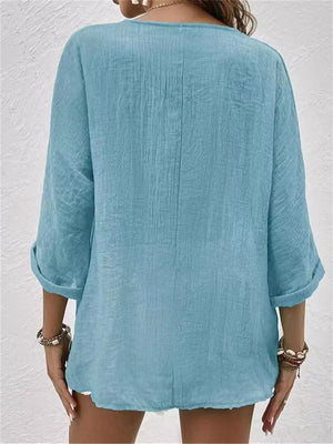 Full Size Casual V-neck Button-down Blouse in Blue, close-up detail
