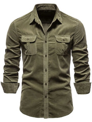 Moss corduroy utility shirt with button-down front and two patch pockets.