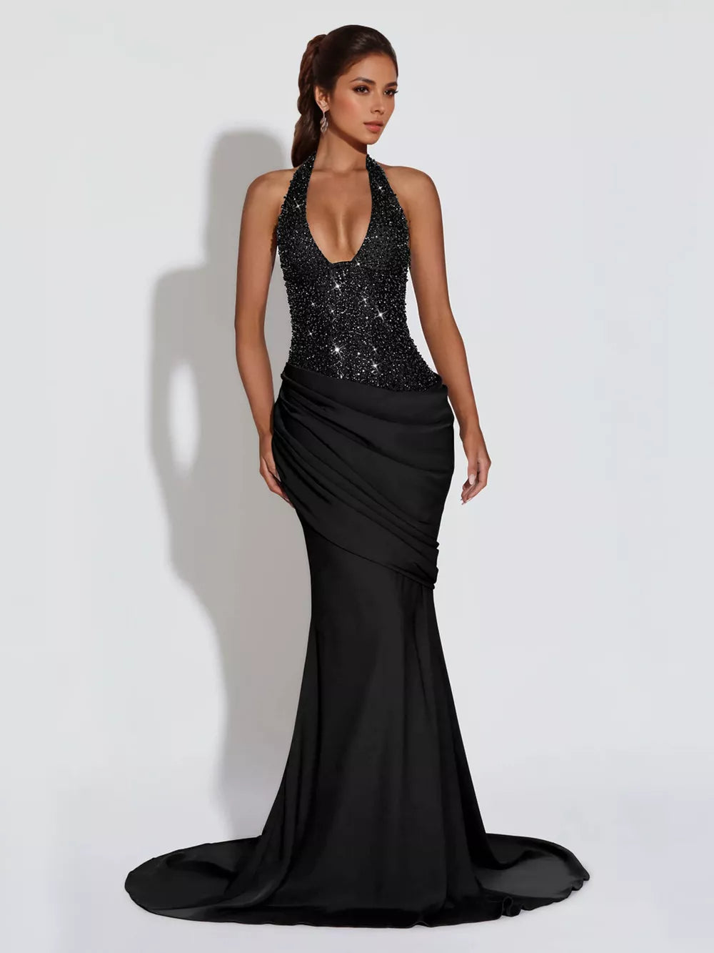 Black sequin halter neck maxi gown with ruched skirt and train