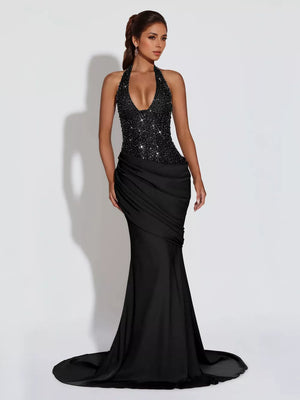 Black sequin halter neck maxi gown with ruched skirt and train