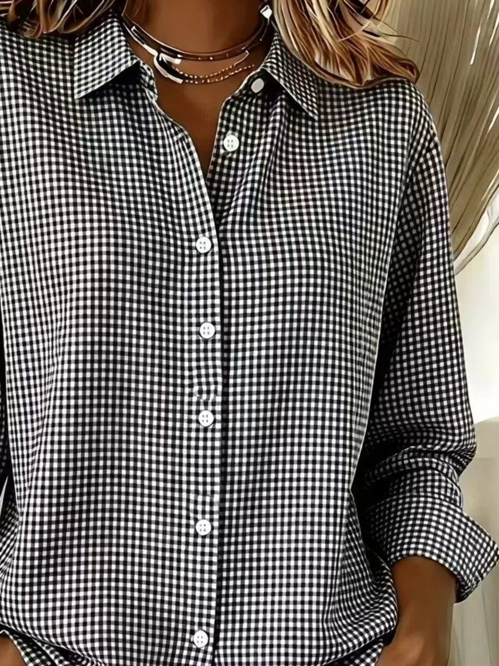 Plus Size Plaid Button Up Long Sleeve Shirt, model styling view