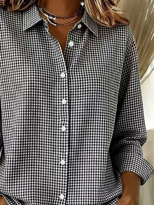 Plus Size Plaid Button Up Long Sleeve Shirt, model styling view