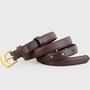 Elegant brown cowhide leather belt with gold buckle and adjustable holes