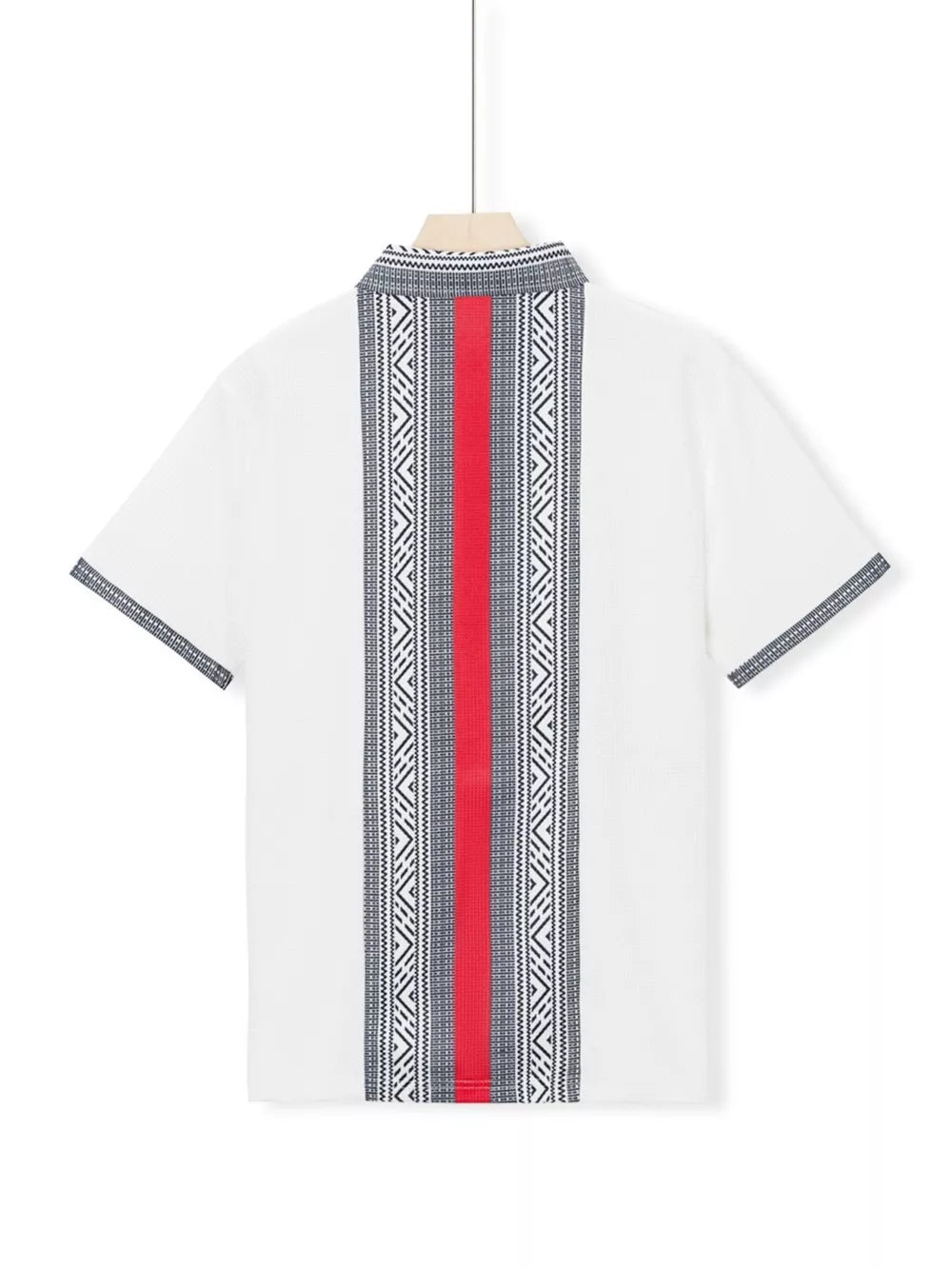 White men's short sleeve shirt with bold geometric print and red stripe detail.