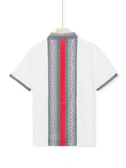 White men's short sleeve shirt with bold geometric print and red stripe detail.