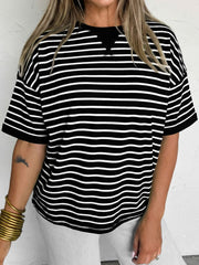 Black and white striped ribbed half sleeve tee with crew neck and boxy fit.