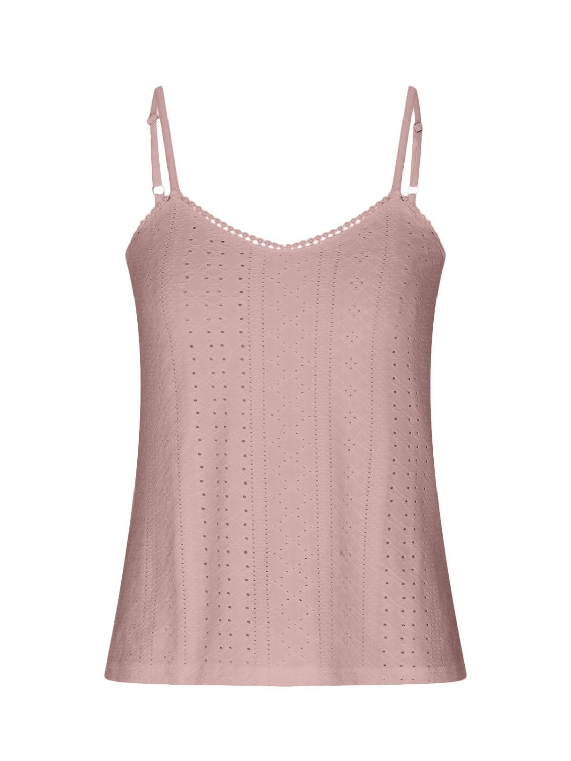 Dusty pink eyelet lace inset cami top with V-neck and adjustable straps.