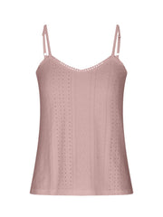 Dusty pink eyelet lace inset cami top with V-neck and adjustable straps.