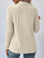 Ribbed ivory waterfall cardigan jacket with a mock neck and long sleeves.