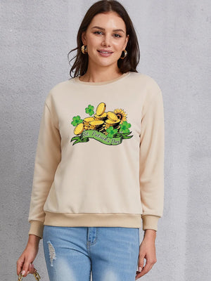 Khaki St. Patrick's Day graphic sweatshirt with shamrocks and gold coins.
