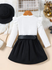 White ruffle sleeve ribbed top and black pleated skirt set with black belt