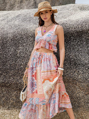 Paisley ruffle crop top and midi skirt set in blush pink with a v-neck and tiered hem.