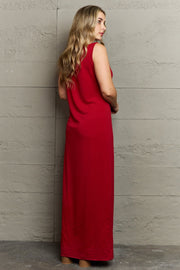 Red scoop-neck maxi column dress, sleeveless, basic style.
