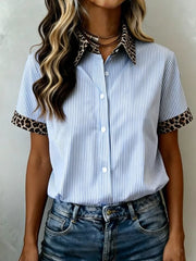 Blue striped button-down shirt with leopard print collar and cuffs