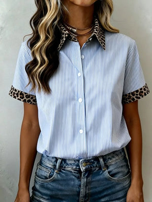 Blue striped button-down shirt with leopard print collar and cuffs