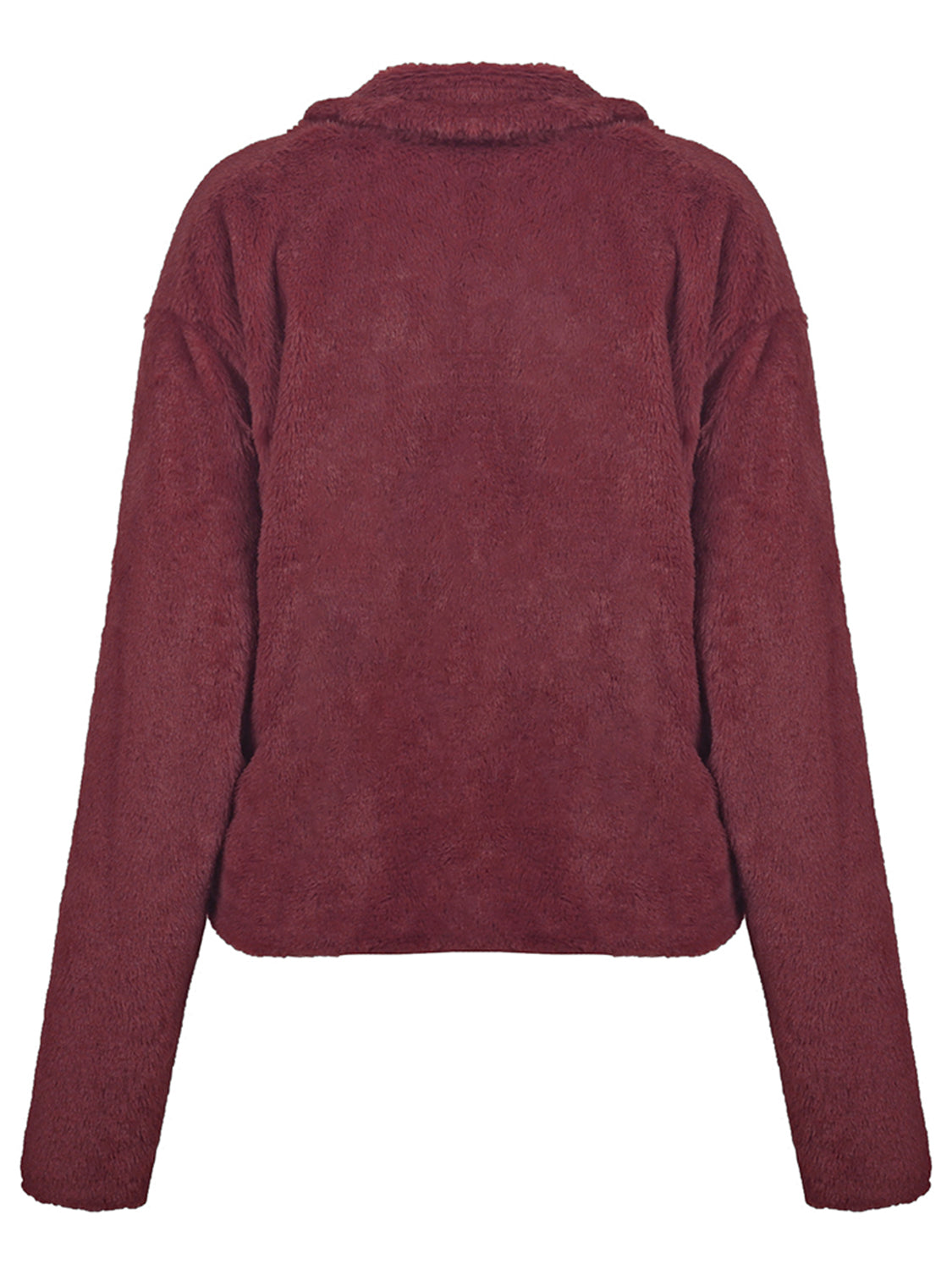 Burgundy faux fur biker jacket with a collared neckline and long sleeves.