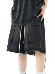 Black denim cargo shorts with drawstring and frayed hem