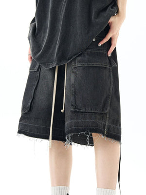 Black denim cargo shorts with drawstring and frayed hem
