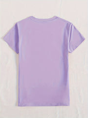 Lavender t-shirt with short sleeves and crew neck, plain back.