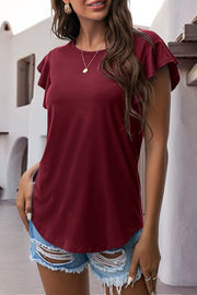 Burgundy t-shirt with ruffled short sleeves and a crew neck.