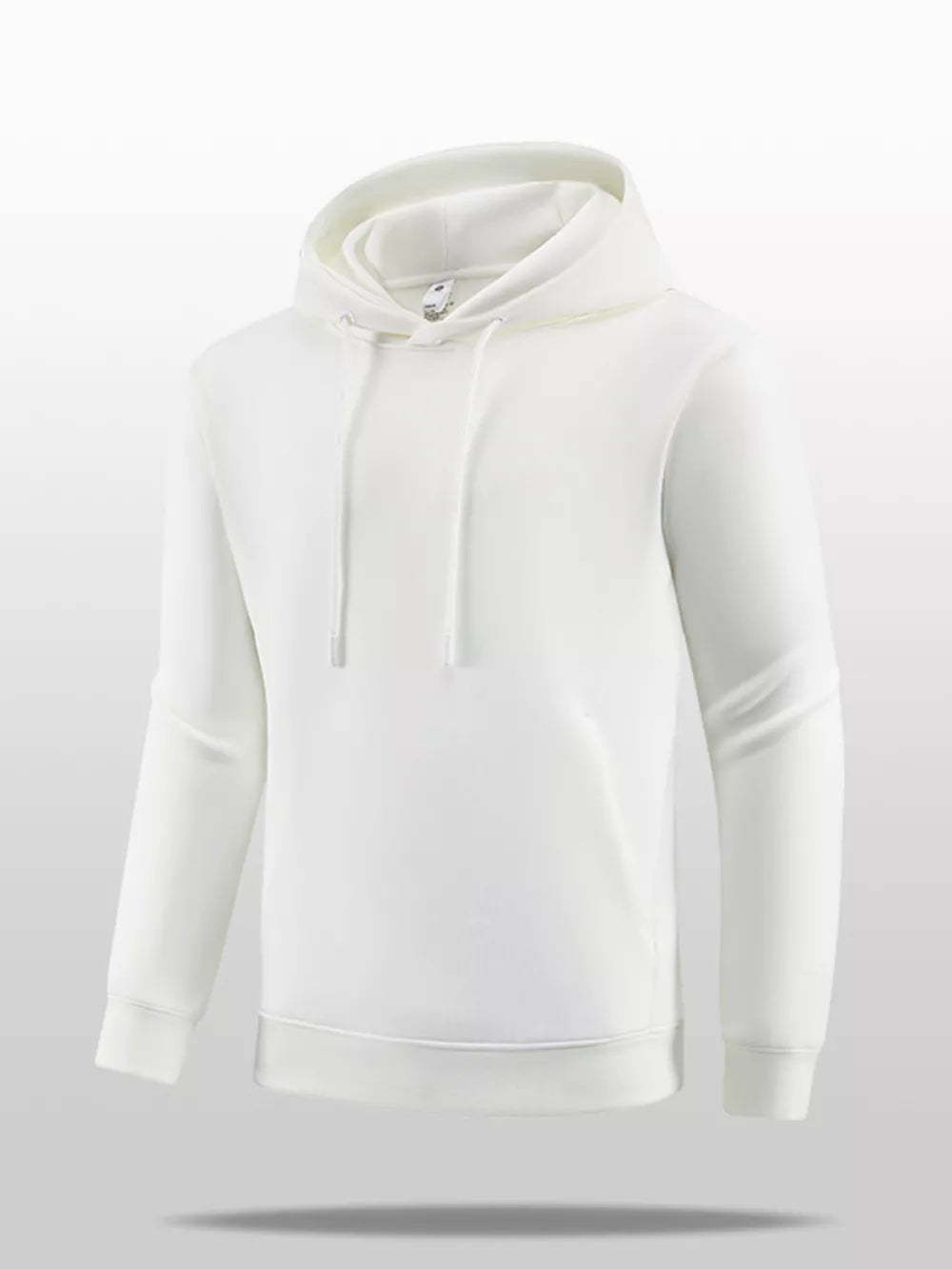 White cotton blend hoodie with drawstring hood and kangaroo pocket.