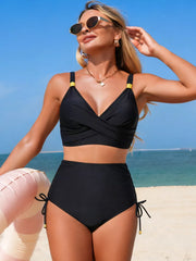 Black high-waisted bikini with crisscross top and drawstring sides