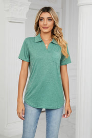 Teal V-neck polo shirt with short sleeves and a chest pocket.