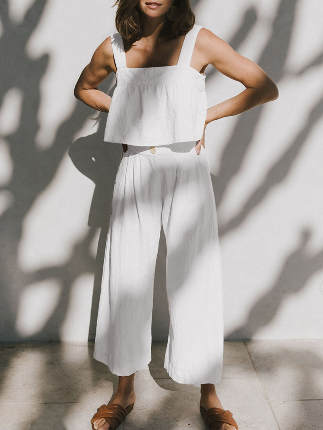 White linen crop top and culotte co-ord set with button detail