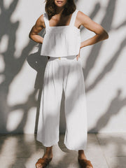 White linen crop top and culotte co-ord set with button detail