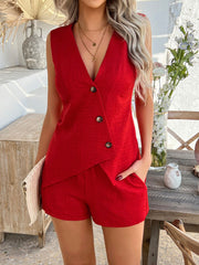 Scarlet linen asymmetric vest and shorts set with button detail