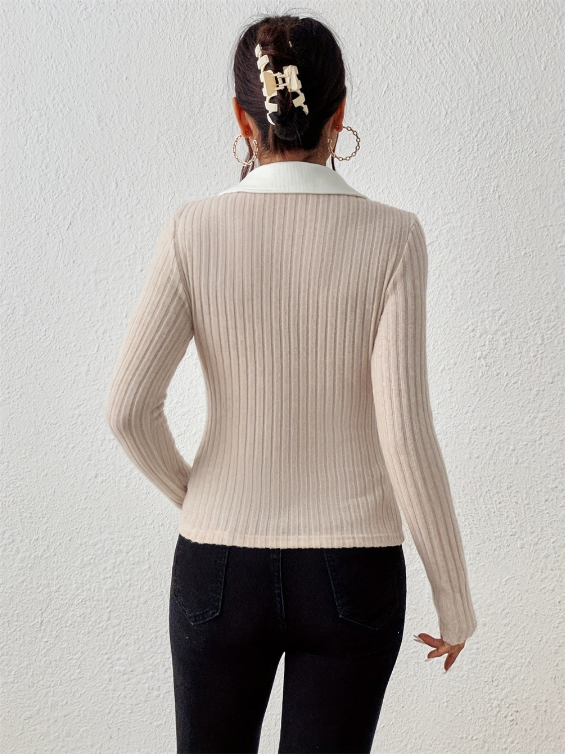 Mocha ribbed knit V-neck bodysuit with collar detail