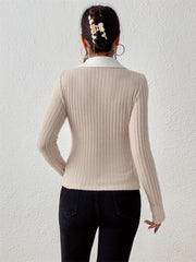 Mocha ribbed knit V-neck bodysuit with collar detail