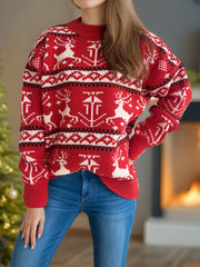 Reindeer Fair Isle crew neck sweater in deep red acrylic with white pattern.