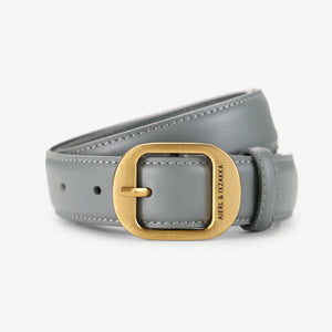 Grey cowhide leather belt with gold buckle and embossed logo