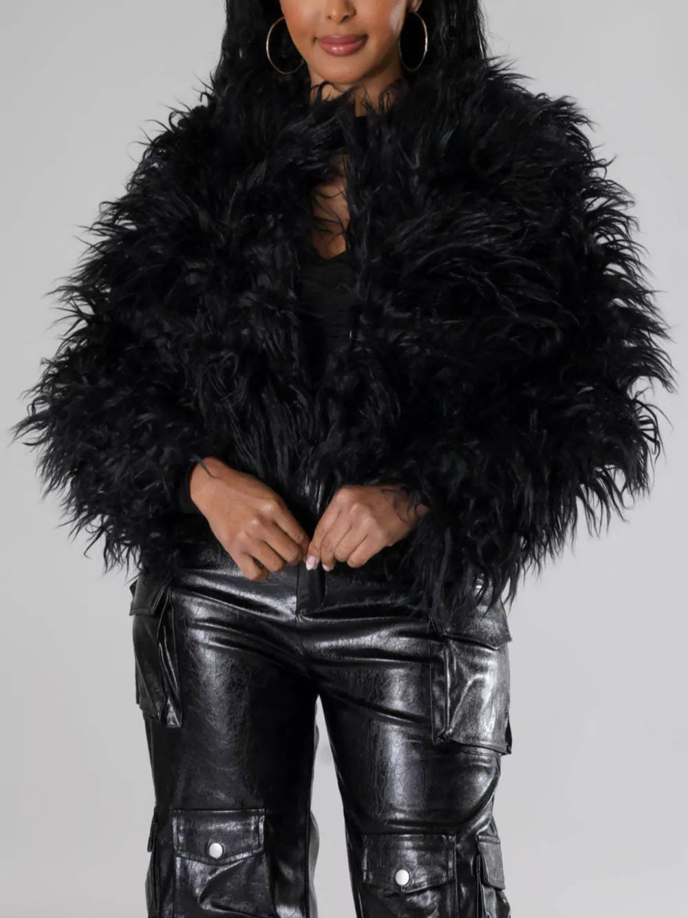 Faux Fur Open Front Cropped Outerwear in Red, view 19
