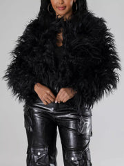 Faux Fur Open Front Cropped Outerwear in Red, view 19